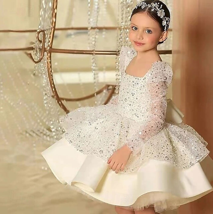 Beading Long Sleeves Flower Girl Dress With Bow D056