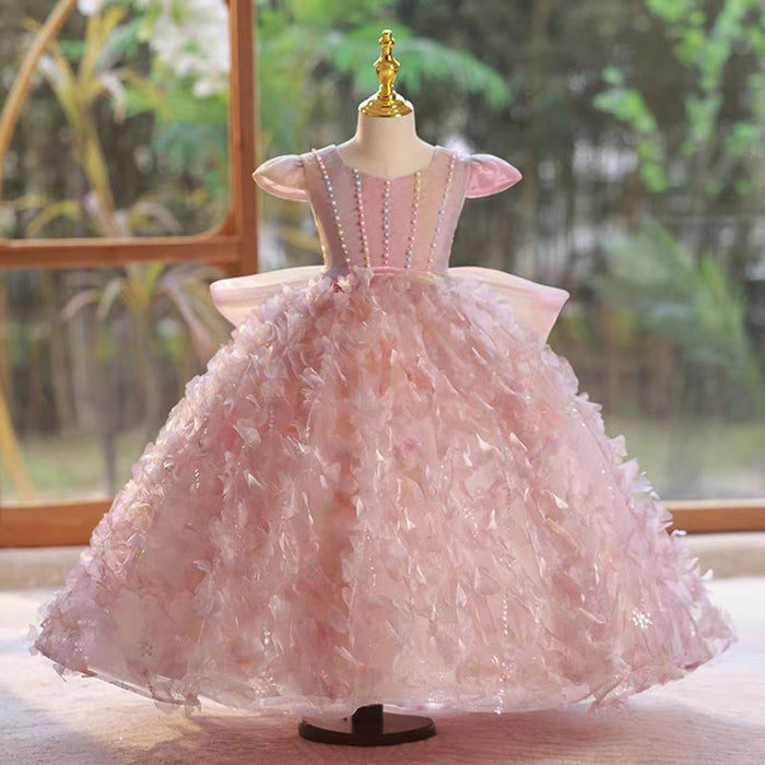 Beautiful O-Neck Feather Pink Flower Girl Dress With Bow J805