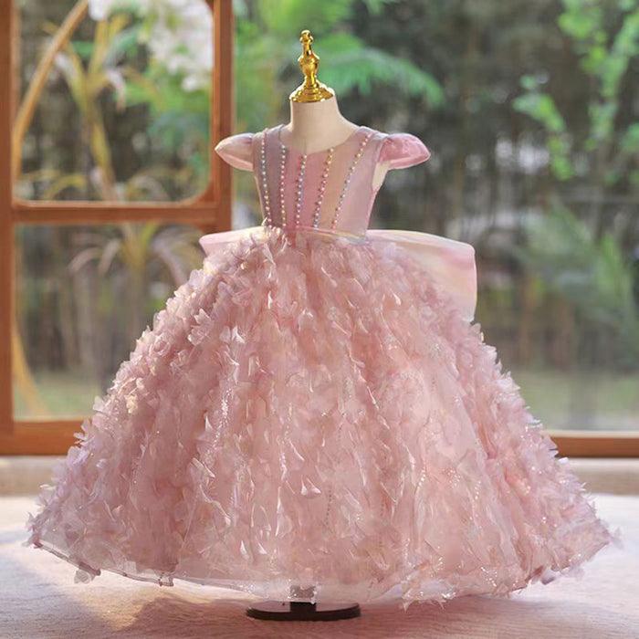 Beautiful O-Neck Feather Pink Flower Girl Dress With Bow J805