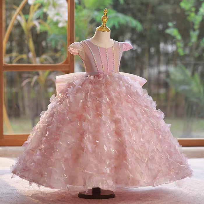 Beautiful O-Neck Feather Pink Flower Girl Dress With Bow J805