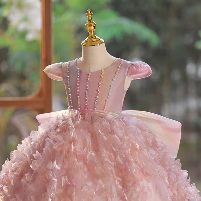 Beautiful O-Neck Feather Pink Flower Girl Dress With Bow J805