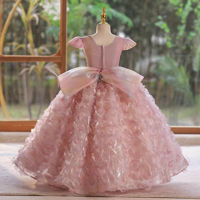 Beautiful O-Neck Feather Pink Flower Girl Dress With Bow J805