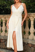 Beige Surplice Belted Long Dress with Slit