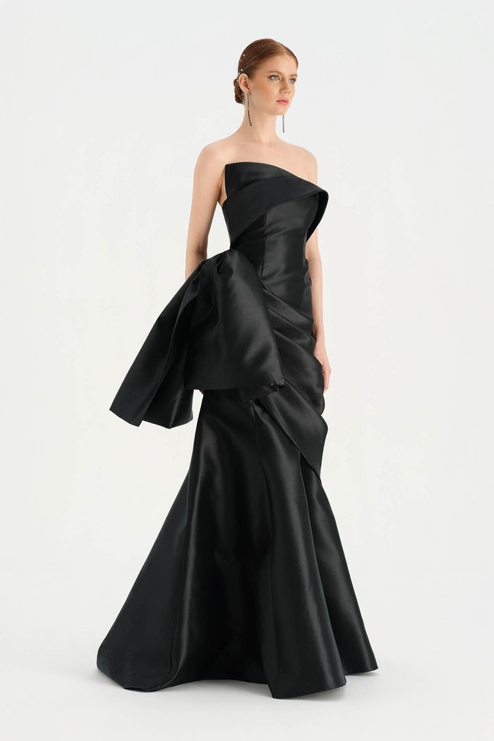 Beli Fiyonklu Drapeli Straplez Abiye Elbise - 26085C