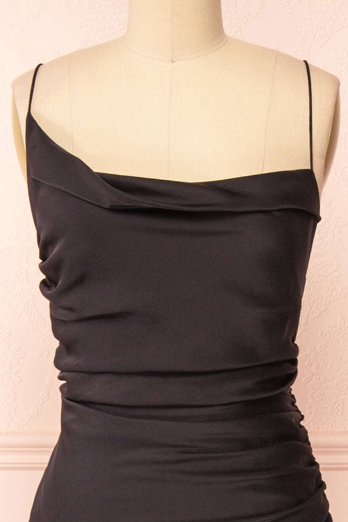 Black Asymmetrical Spaghetti Straps Sheath Wedding Guest Dress