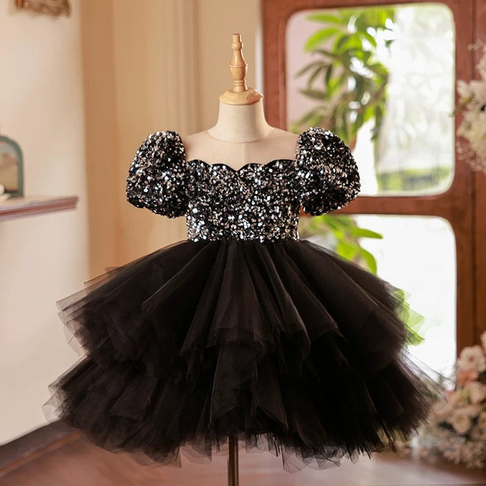 Black Baby Girl Dress Sequined for Pageant Birthday Party J701