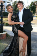 Black Halter Lace Appliques Mermaid Long Prom Dress with Slit