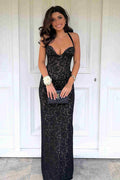 Black Halter V-Neck Sleeveless Sheath Lace Prom Dress