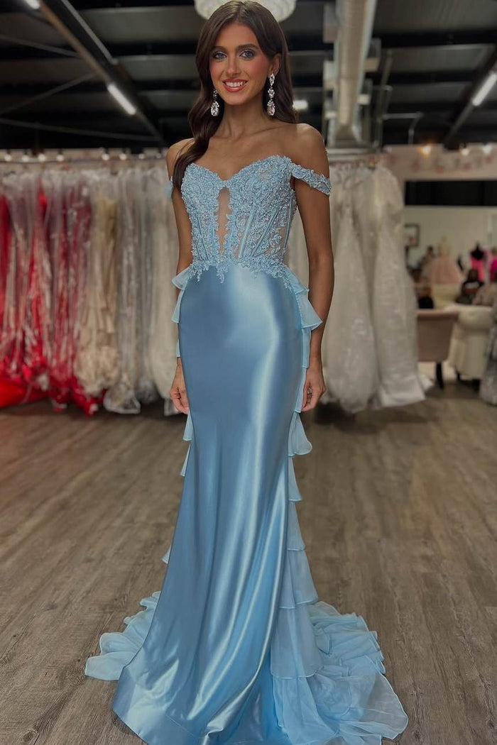 Black Off-Shoulder Ruffles Chiffon Mermaid Long Prom Dress