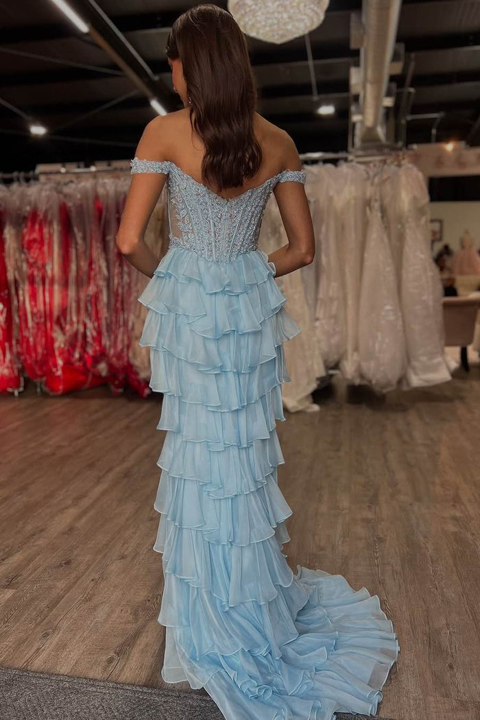 Black Off-Shoulder Ruffles Chiffon Mermaid Long Prom Dress