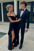 Black Off-Shoulder V-Neck Satin Ruffles Long Prom Dress with High Slit