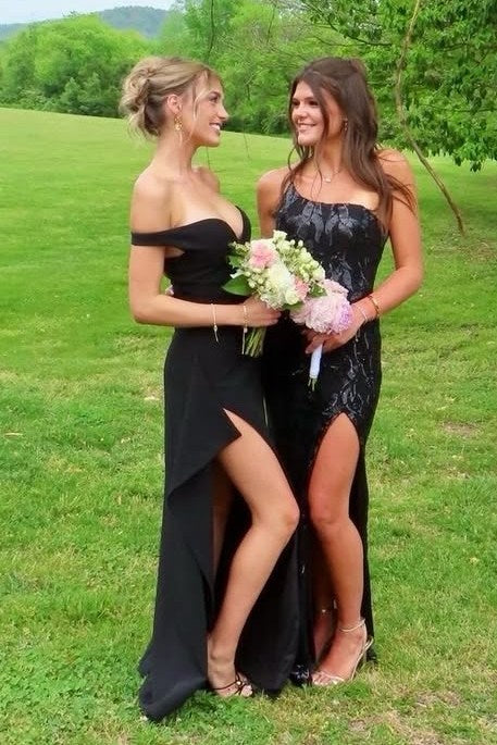 Black Off-Shoulder V-Neck Satin Ruffles Long Prom Dress with High Slit