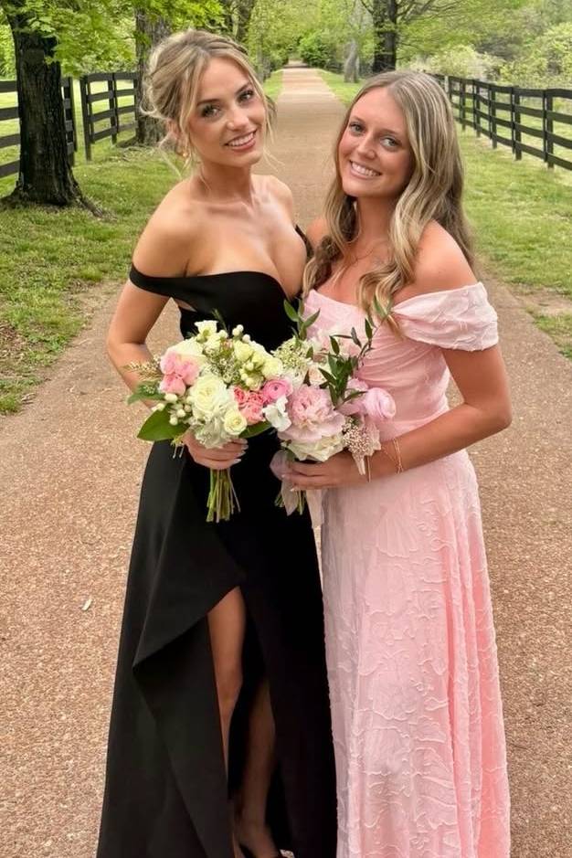 Black Off-Shoulder V-Neck Satin Ruffles Long Prom Dress with High Slit
