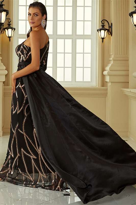 Black One-Sleeve Long Formal Dress with Attached Train