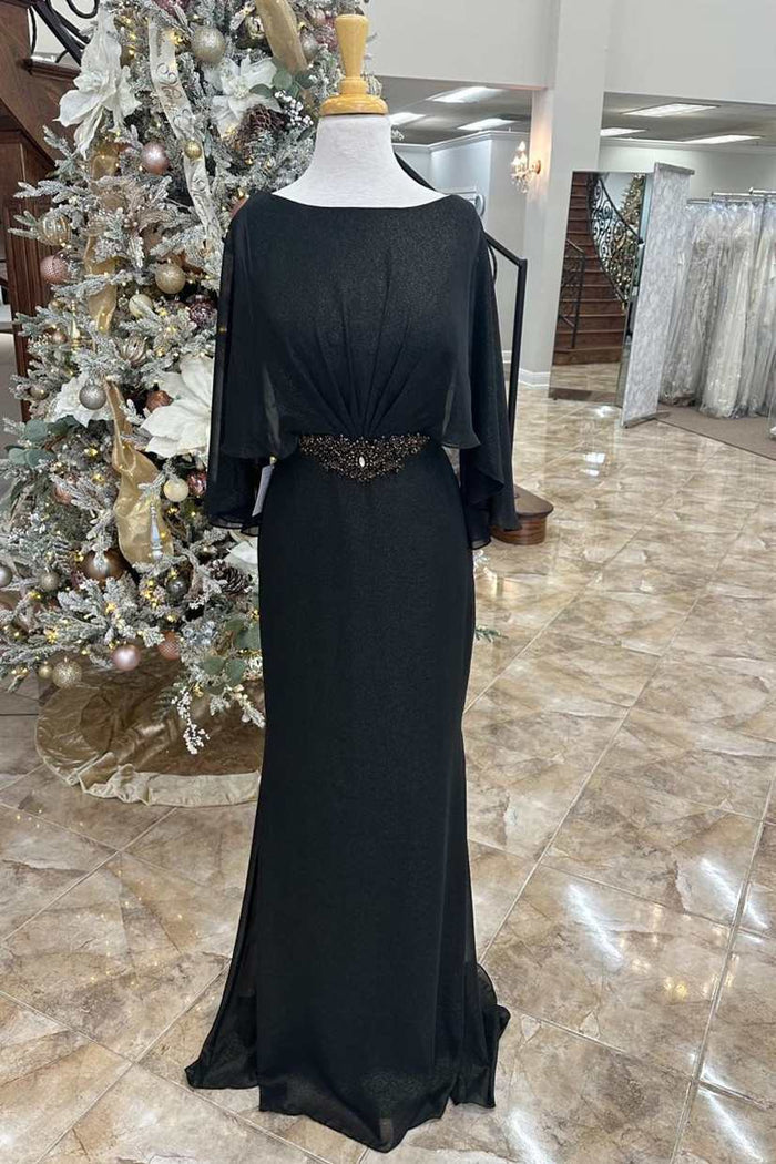 Black Rhinestones Cape Sleeves Long Formal Dress