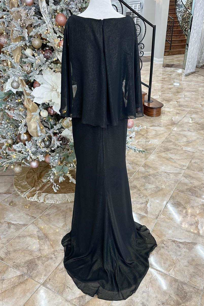 Black Rhinestones Cape Sleeves Long Formal Dress