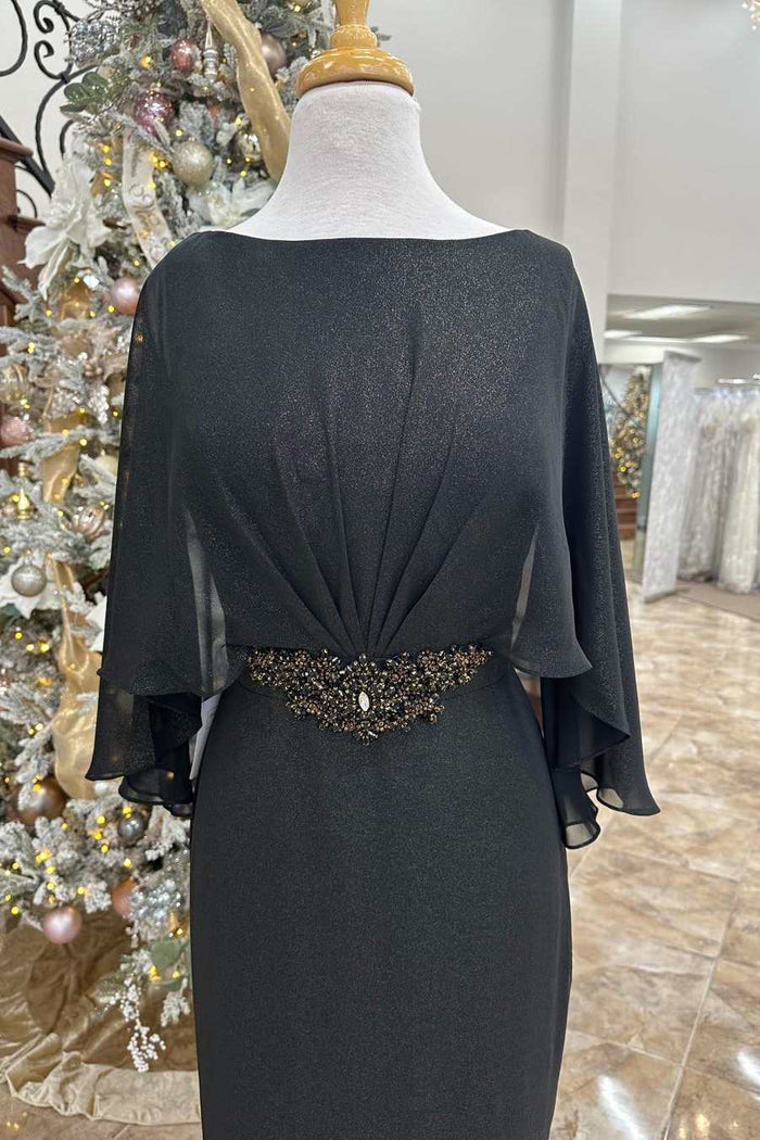 Black Rhinestones Cape Sleeves Long Formal Dress