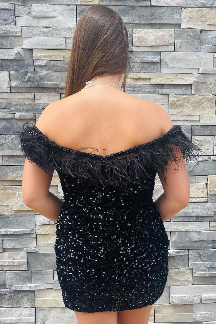 Black Sequin Off-the-Shoulder Feathered Short Party Dress