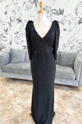 Black Sequin Plunge V Long Sleeve Formal Dress