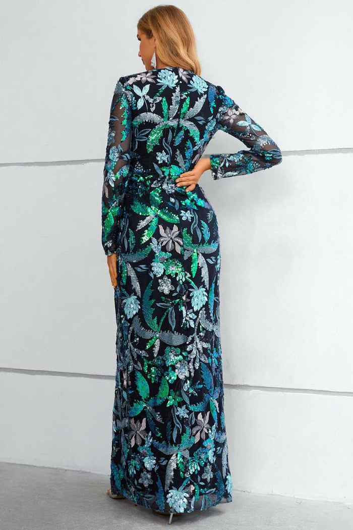 Black Sequins V-Neck Long Sleeve Evening Dress with Slit