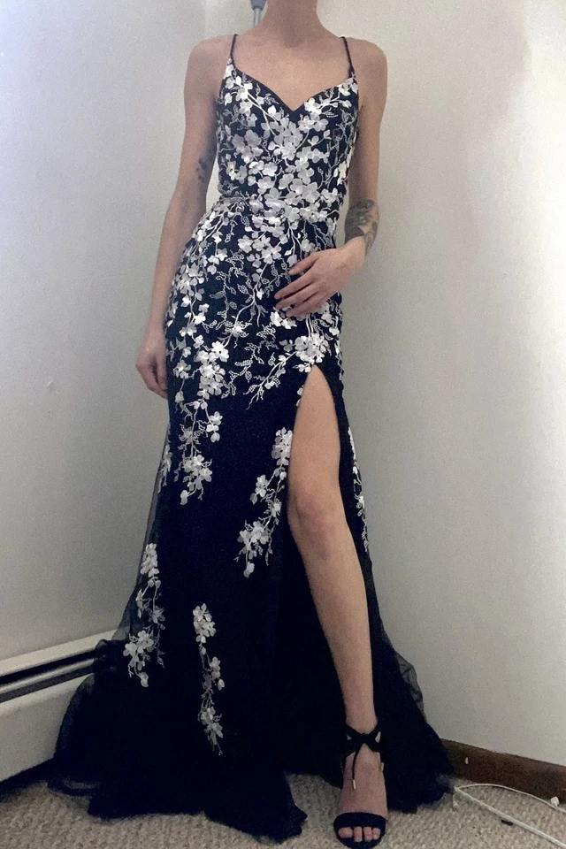 Black Spaghetti Straps Lace Appliques Mermaid Long Prom Dress with Slit