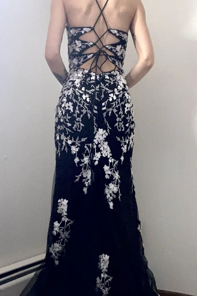 Black Spaghetti Straps Lace Appliques Mermaid Long Prom Dress with Slit