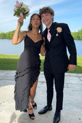 Black Spaghetti Straps V-Neck Sleeveless Ruffles Side Slit Long Prom Dress