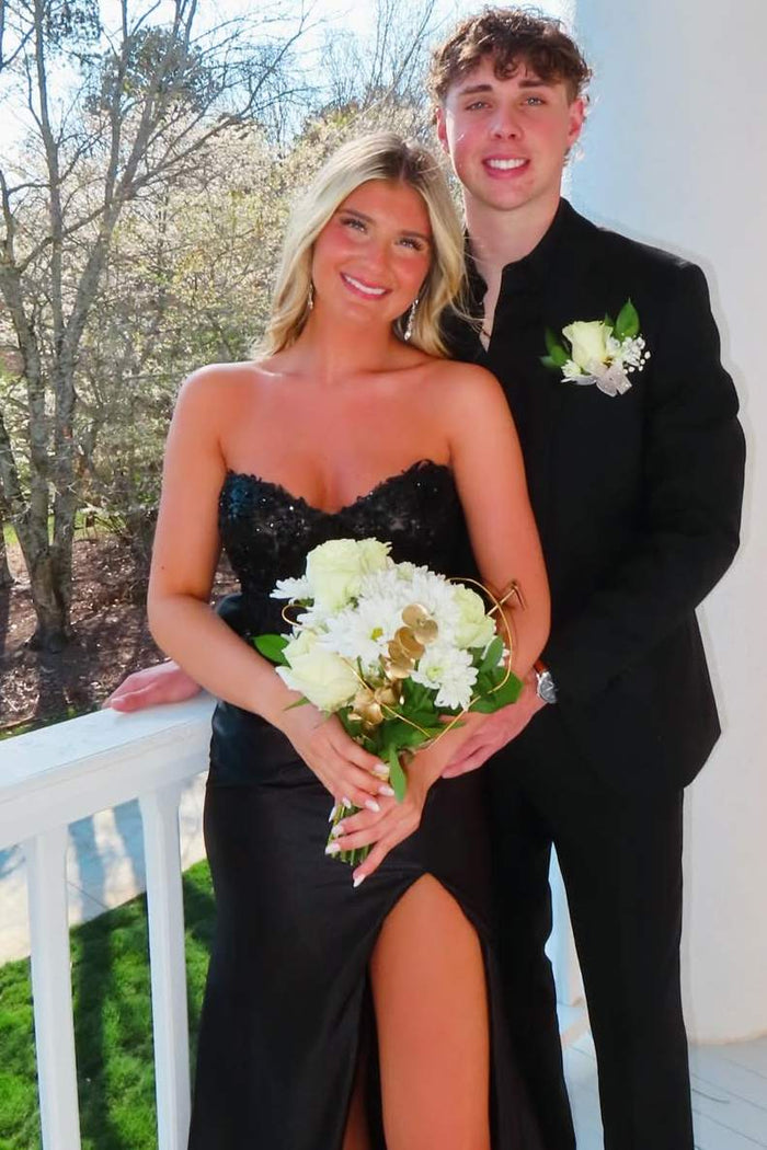 Black Strapless Appliques Sweetheart Mermaid Prom Dress with Slit
