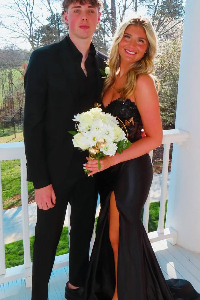 Black Strapless Appliques Sweetheart Mermaid Prom Dress with Slit