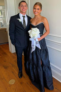Black Strapless Pearls A-Line Empire-Waist Sleeveless Long Prom Dress