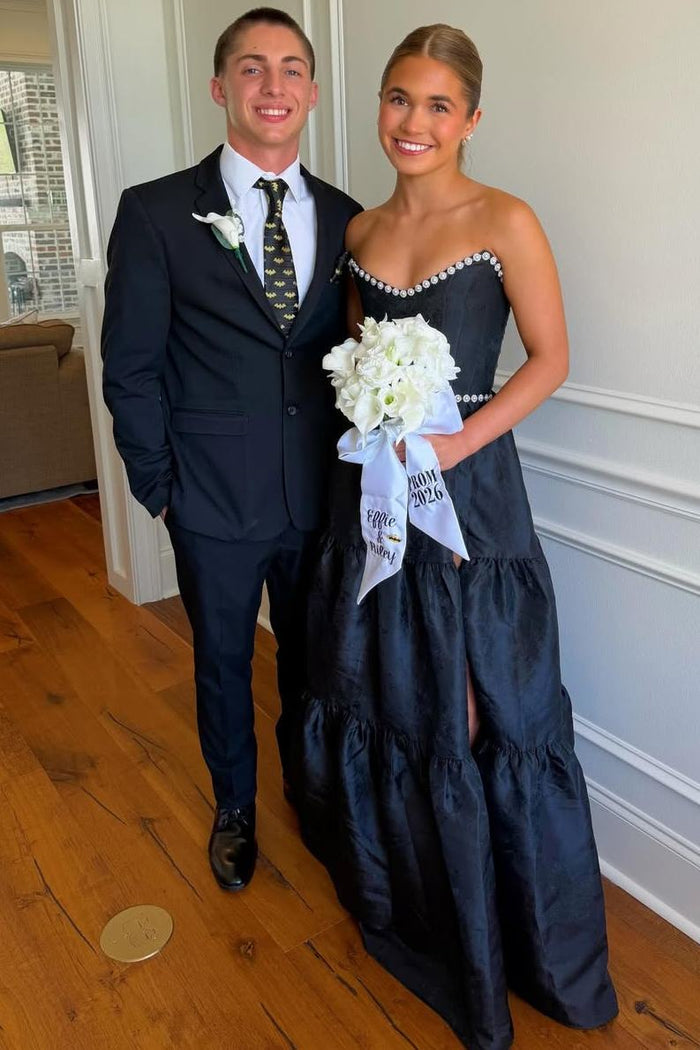Black Strapless Pearls A-Line Empire-Waist Sleeveless Long Prom Dress