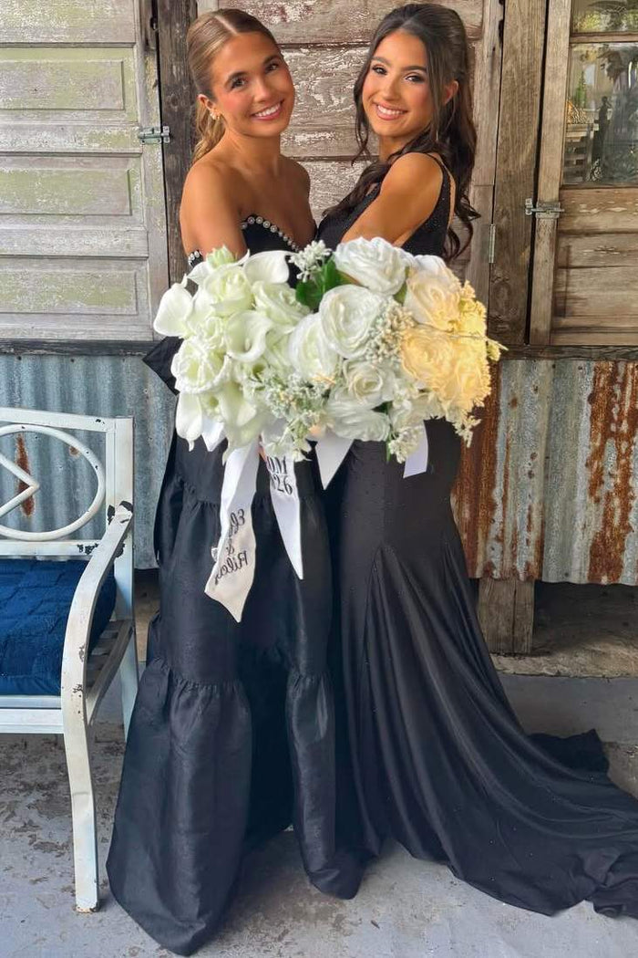 Black Strapless Pearls A-Line Empire-Waist Sleeveless Long Prom Dress