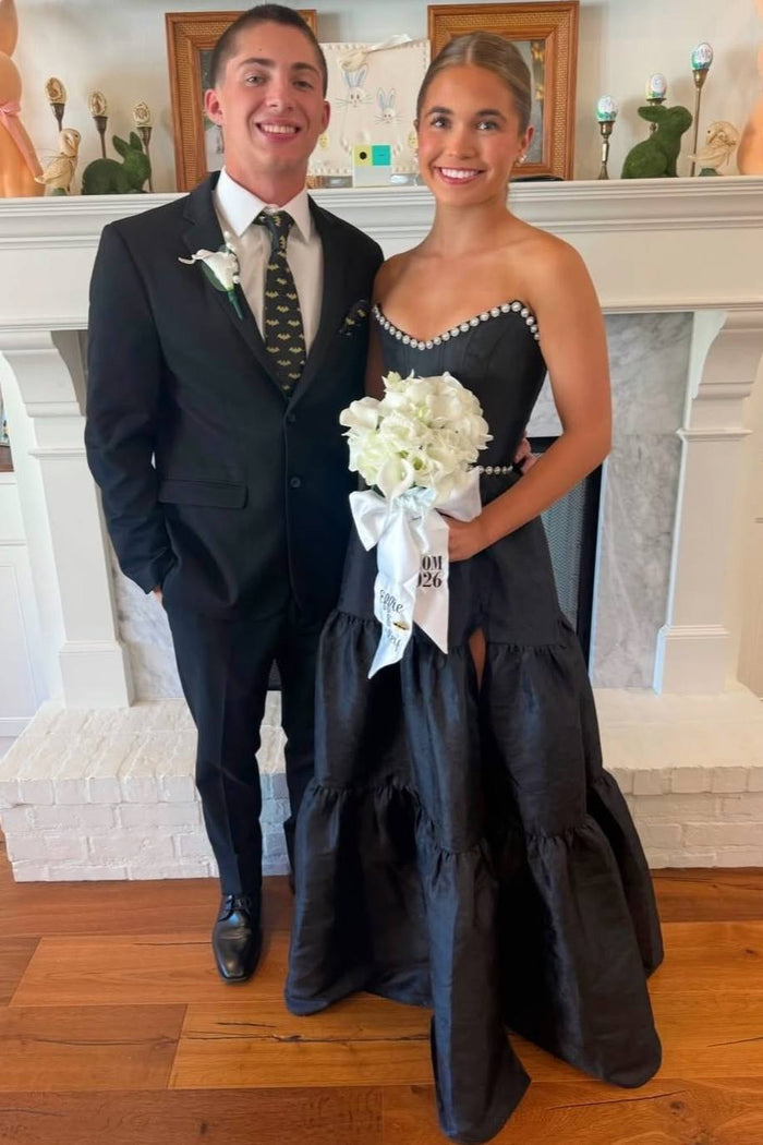 Black Strapless Pearls A-Line Empire-Waist Sleeveless Long Prom Dress