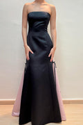 Black Strapless Sleeveless A-Line Scoop Satin Long Prom Formal Dress