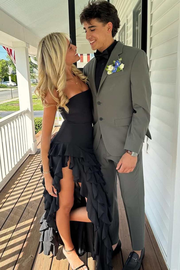 Black Strapless Sleeveless Ruffles High Slit Formal Prom Party Dress