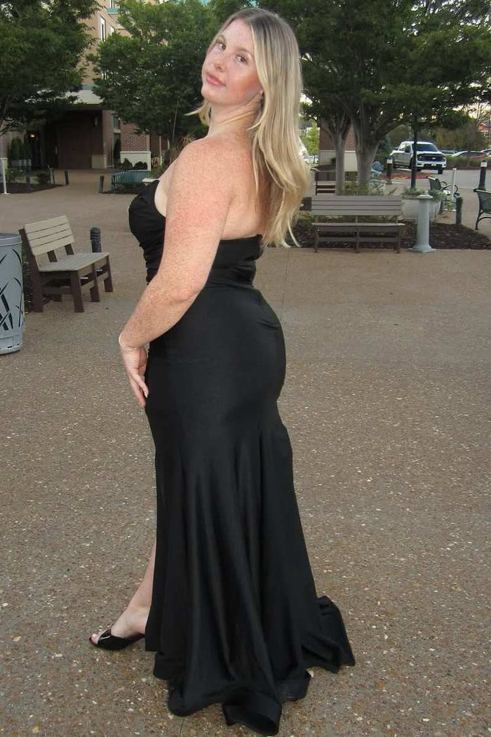 Black Strapless V-Neck Pleated High Slit Satin Long Prom Formal Dress