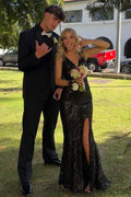 Black V-Neck Straps Double Backless Sequins Long Prom Dress with Slit