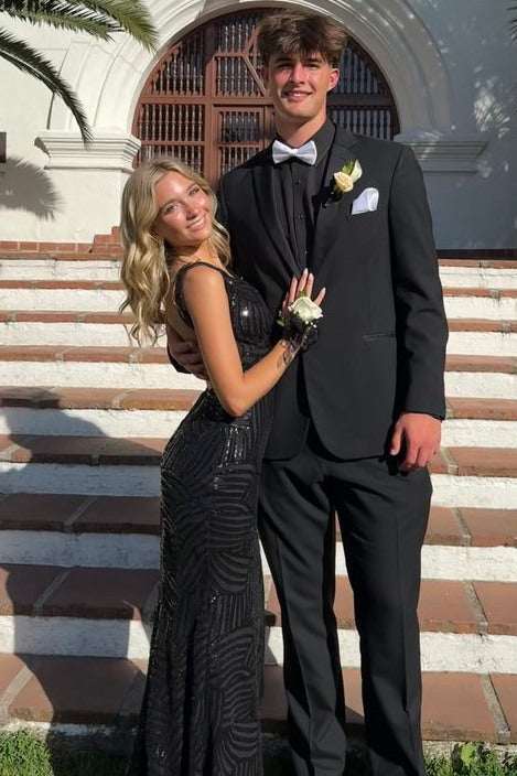 Black V-Neck Straps Double Backless Sequins Long Prom Dress with Slit