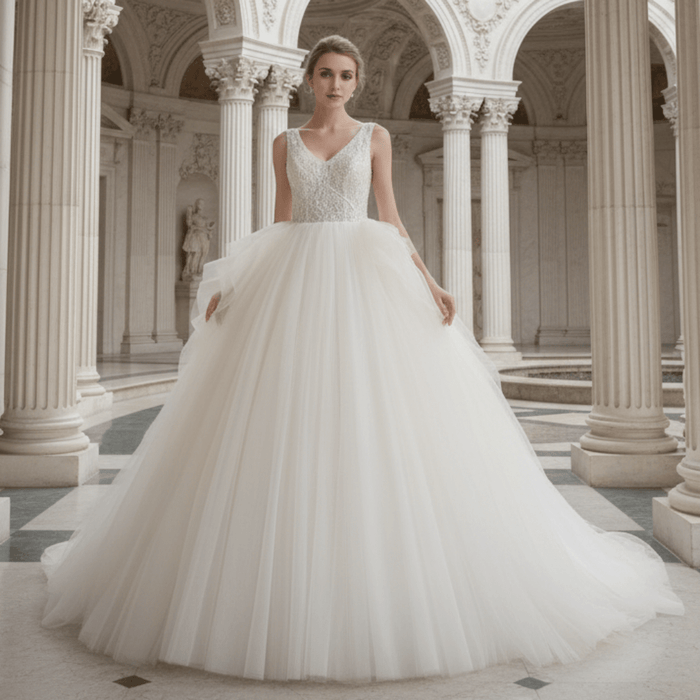 Bling Princess V Neck Wedding Dress with Tank Straps - Rosymae