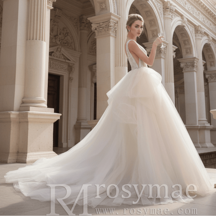 Bling Princess V Neck Wedding Dress with Tank Straps - Rosymae