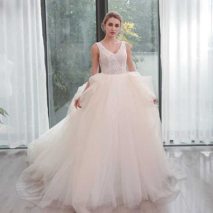 Bling Princess V Neck Wedding Dress with Tank Straps - Rosymae