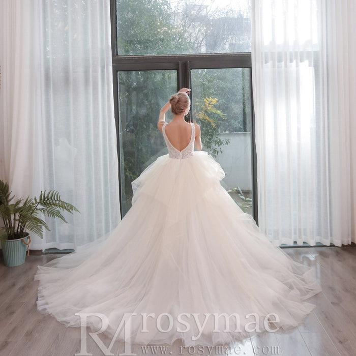 Bling Princess V Neck Wedding Dress with Tank Straps - Rosymae