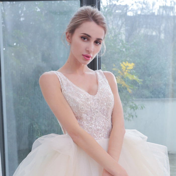 Bling Princess V Neck Wedding Dress with Tank Straps - Rosymae