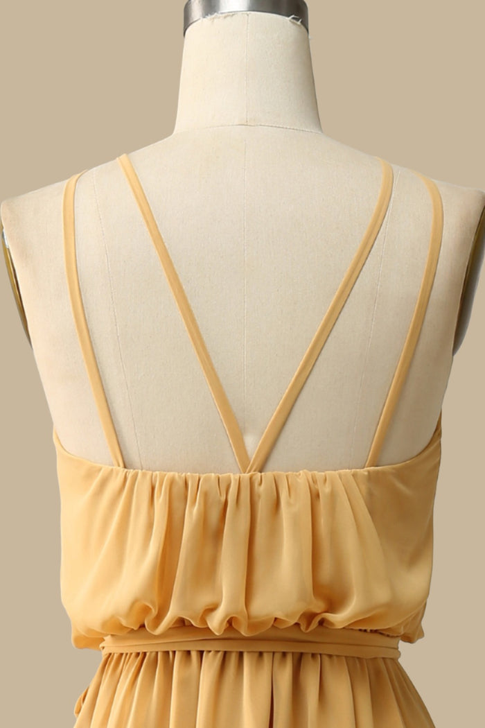 Blouson-Style Halter Chiffon Maxi Dress in Mustard Yellow