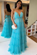 Blue A-Line Spaghetti Straps V-Neck Tulle Long Prom Formal Dress