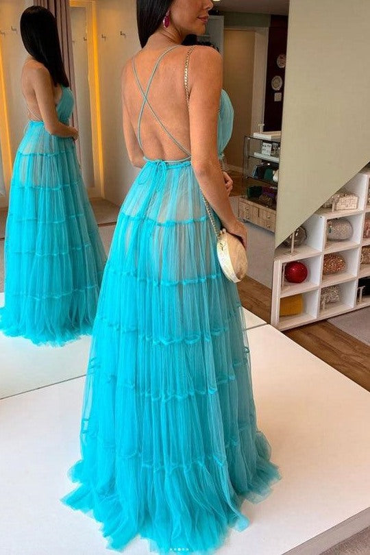 Blue A-Line Spaghetti Straps V-Neck Tulle Long Prom Formal Dress