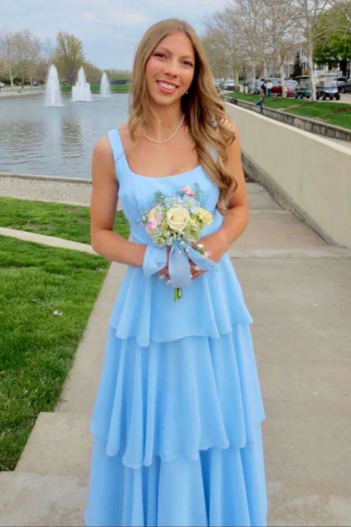 Blue A-Line Square Neck Tiered Empire-Waist Sleeveless Prom Dress