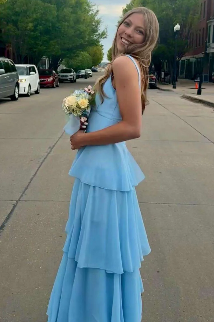Blue A-Line Square Neck Tiered Empire-Waist Sleeveless Prom Dress