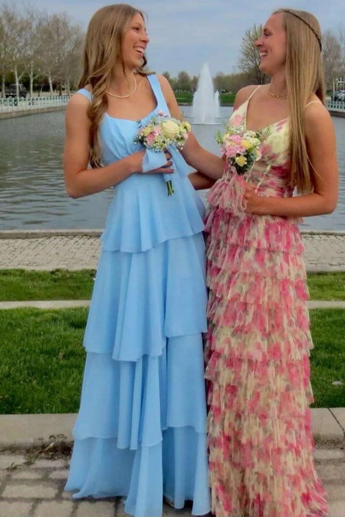 Blue A-Line Square Neck Tiered Empire-Waist Sleeveless Prom Dress