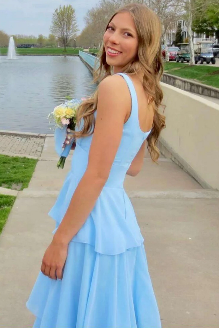 Blue A-Line Square Neck Tiered Empire-Waist Sleeveless Prom Dress